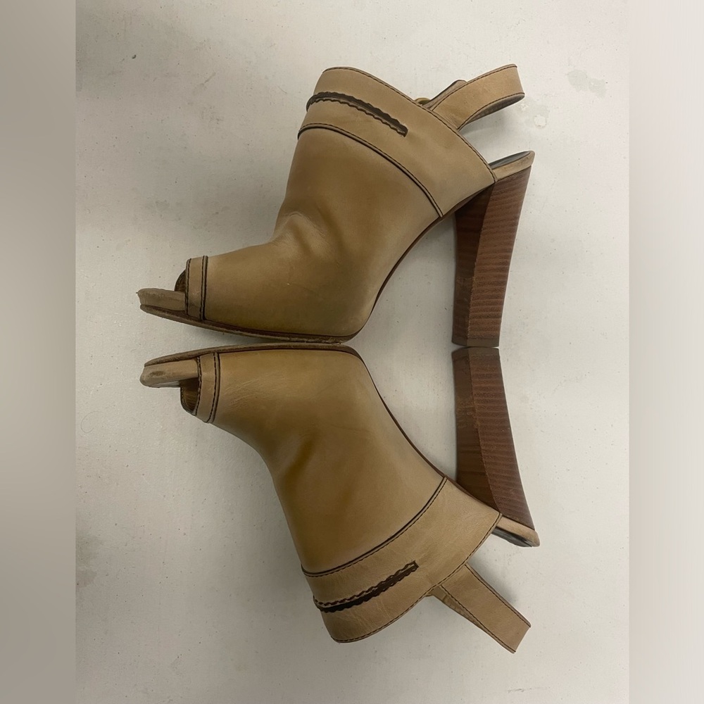 Chloe Made in Italy‎ Slingback Peep Toe Heeled Mules in Tan Size 39 1/2